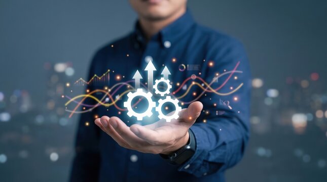 Businessman holding glowing digital gears and upward trending arrows representing business growth, innovation, and process optimization in a dark, modern setting - Powered by Adobe