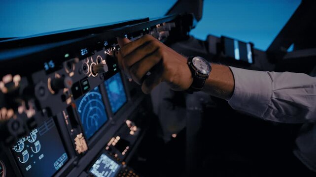 Commercial airplane pilot flying in the cockpit at night