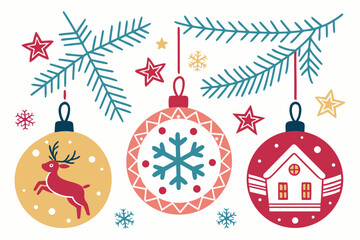 Christmas balls printed and pattern clipart set. Green and red xmas ball decoration elements clip art with spiral, curve, snowflakes and star graphic design collection for holiday season vector