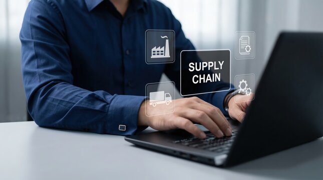 Businessman working on laptop with digital interface showing supply chain management icons and text, concept of logistics and global distribution network technology in modern business operations - Powered by Adobe