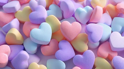 A colorful assortment of heart-shaped candies in pastel shades of pink, purple, blue, and yellow.