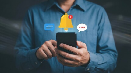 Man in blue shirt using smartphone with notification icons floating above, representing alerts, messages, and social media engagement in a digital communication concept