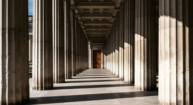 Repetitive stone columns in a classical building corridor with s