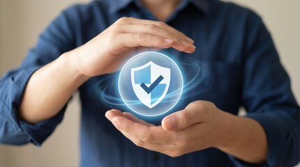 Businessman hands protecting glowing digital shield icon with checkmark, concept of cybersecurity, data protection, safety, insurance, and secure network technology in modern business environment