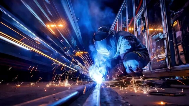 Welding a car exhaust pipe in a bustling highway workshop capturing sparks and focused craftsmanship against a backdrop of fastmoving vehicles.