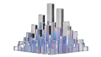 Collection of iridescent rectangular glass or crystal prisms forming a cityscape silhouette isolated on transparent background