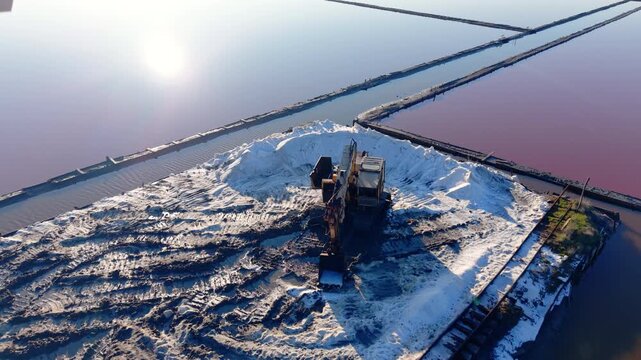 Drone shot of colorful salt evaporation ponds separated by narrow dikes. Industrial machinery among white salt heaps. Excavator for loading salt.