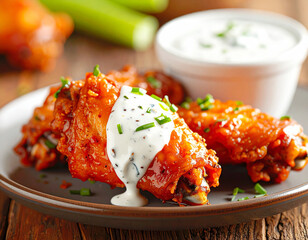 American cuisine, buffalo hot wings with blue cheese dressing, macro shot. AI