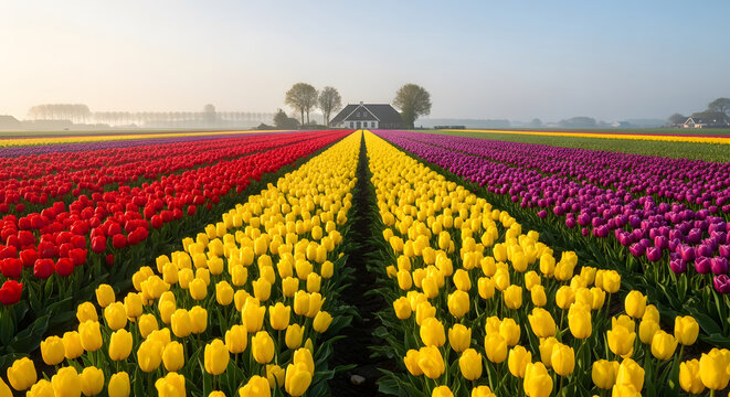 Rows of colorful tulips leading to a farmhouse under a clear spr