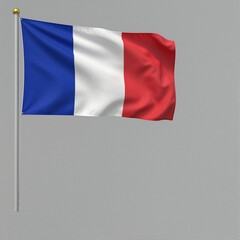 French flag with blue, white, and red vertical stripes on a flagpole against a neutral gray background