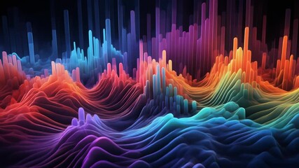 Vibrant abstract landscape depicting digital sound waves and data visualization, featuring an immersive array of glowing colorful peaks and valleys in a futuristic pattern
