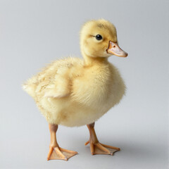 Centered fluffy duckling with yellow down feathers on a neutral white studio background