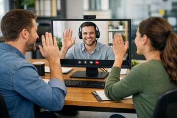 Video Call: A connected experience. A group of three individuals are connected via video call, fostering seamless communication and connection.