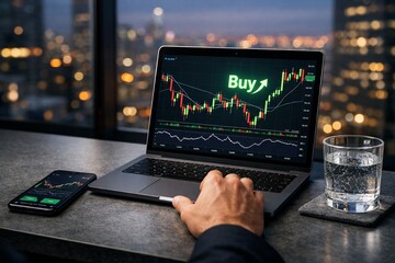 Stock Trading at Night: A focused trader's hand interacts with a laptop, displaying active stock charts at night. A smartphone complements the setup. A glass of water sits nearby.
