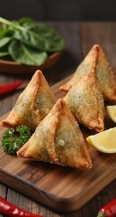 Delicious Samosas with Lemon and Herbs on Wooden Board