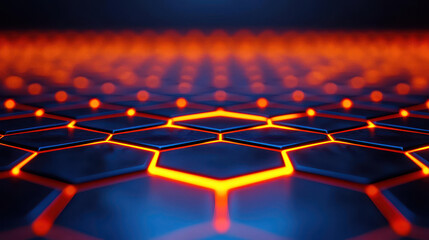 Obraz premium Glowing hexagonal honeycomb pattern with vibrant orange lines and dark background creates mesmerizing visual effect