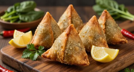 Delicious Samosas on Wooden Board with Lemon and Herbs