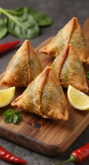 Delicious Samosas with Lemon and Chili Peppers on Wooden Board