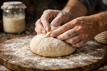 Obraz premium Artisan's Touch: A close-up shot captures the skillful hands of a baker kneading a fresh dough on a wooden board, with flour dusting the air, creating a rustic and appetizing scene.