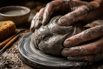 Artisan Hands Shaping Clay: A craftsman molds wet clay on a pottery wheel, skillfully shaping a new creation. A testament to artistic expression and dedication to craft