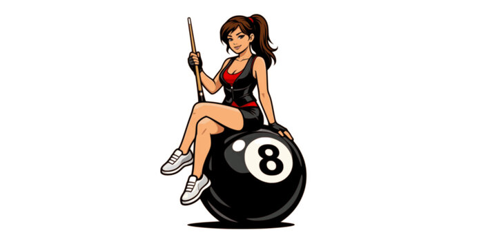 Girl holding billiard cue and sitting on a big 8 ball, isolated on white background. Pool or snooker player print or poster design. Vector illustration. 