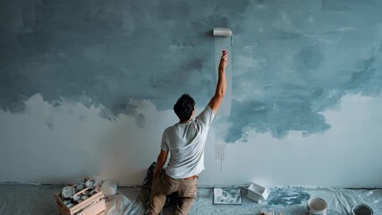 Medium shot of a professional finishing a matte lowVOC paint application on a living area demonstrating nontoxic and ecofriendly decorating choices