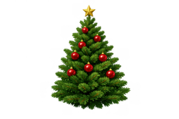 Christmas tree with red baubles and golden star on top, celebrating winter holidays and festive traditions