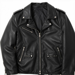 Black leather biker jacket with silver zippers and snap buttons, laid flat on white