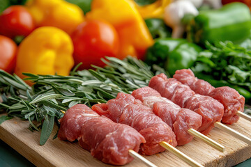 Fresh meat skewers arranged with herbs, surrounded by vibrant vegetables, create colorful and appetizing display for grilling