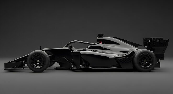 Sleek black open-wheel racing car side view on dark gray studio