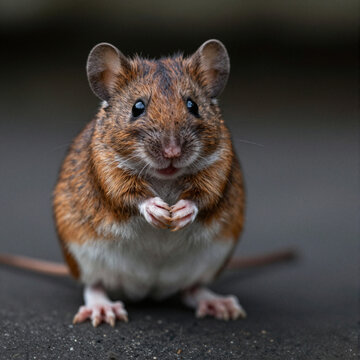 Curious field mouse standing upright with clasped paws, brown-orange fur and white belly against a dark backdrop