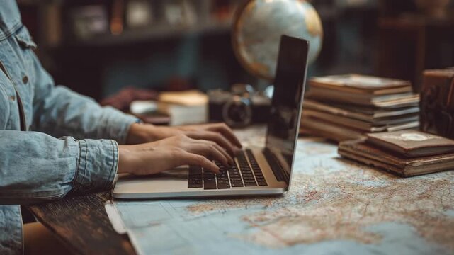 Medium shot of a traveler customizing a solo trip itinerary on a laptop surrounded by travel books and maps highlighting personalized digital planning for independent explorers.