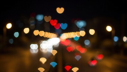 A romantic and vibrant composition of shimmering heart-shaped bokeh lights and fan-shaped blurs, showcasing a beautiful blend of warm golden, passionate red, and cool blue hues, captured with an