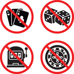 Banned gambling activity prohibition icon set showing cards dice slot machine and roulette silhouettes for restricted areas and anti gambling awareness