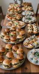 Assorted Appetizers and Mini Burgers on Wooden Table
