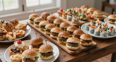 Assorted Mini Burgers and Appetizers on Wooden Board for Party