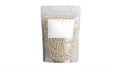 A clear plastic bag filled with small white pellets on transparent background