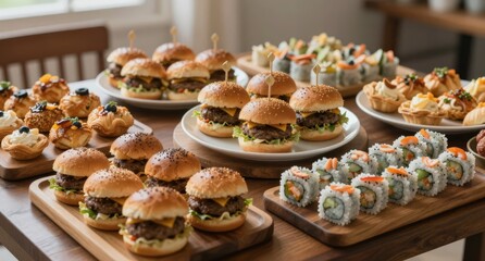 Gourmet Food Platter Mini Burgers, Sushi, and Pastries