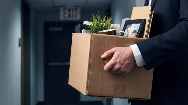 Businessman holding cardboard box of office belongings near exit