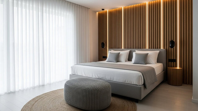 Minimalist hotel bedroom interior with king size bed light gray accents white sheer curtains and trendy wooden slat wall with vertical warm led light strips