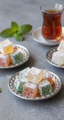 Turkish Delight Candy on Plates with Tea Sweet Treat sweets