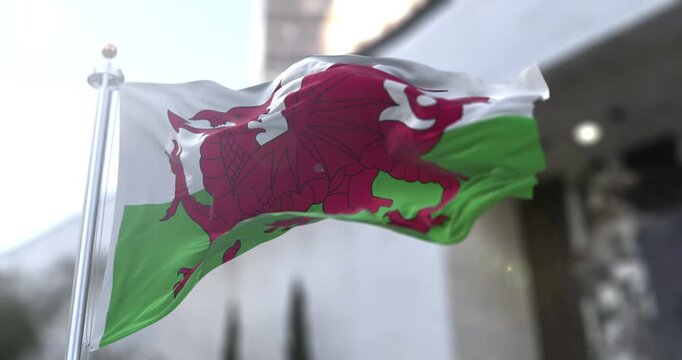Proud Welsh National Flag Featuring Red Dragon Symbol Blowing in the Wind. Detailed shot of the Wales national flag with the iconic Red Dragon (Y Ddraig Goch). The fabric texture is visible as it wave
