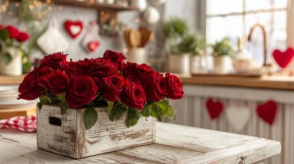 A beautiful bouquet of red roses in a rustic wooden box on a kitchen table with heart decorations