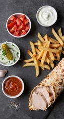 Delicious Shawarma Wrap with Fries and Sauces Middle Eastern Cuisine