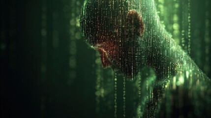 abstract digital human silhouette made of glowing green binary code and matrix data. futuristic concept for artificial intelligence, cyber security, machine learning, and high-tech virtual reality