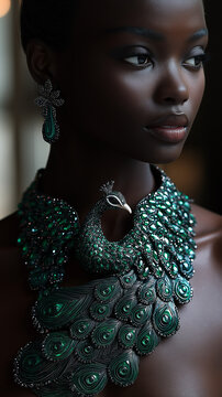 AI generator images of luxurious peacock necklace, inspired by the mythical bird. This is a truly exquisite piece of peacock jewelry, a high-end fashion jewelry set that may be a newly created design 