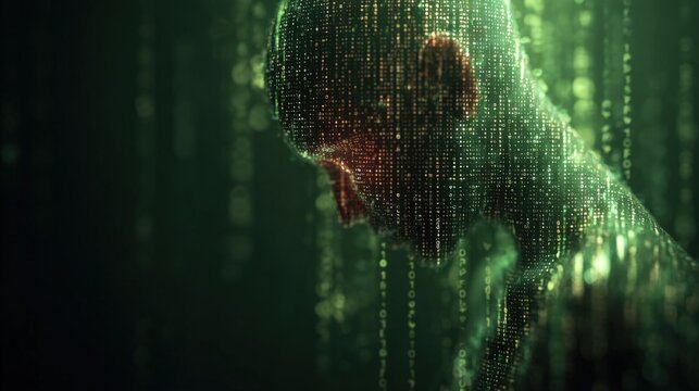 abstract digital human silhouette made of glowing green binary code and matrix data. futuristic concept for artificial intelligence, cyber security, machine learning, and high-tech virtual reality - Powered by Adobe