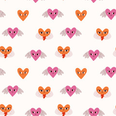 Seamless pattern with heart characters and wings