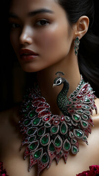 AI generator images of luxurious peacock necklace, inspired by the mythical bird. This is a truly exquisite piece of peacock jewelry, a high-end fashion jewelry set that may be a newly created design 