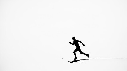 Obraz premium A dynamic, stark, and minimalist male human figure, depicted as a striking black silhouette, vigorously running forward in mid-stride, casting a long, distinct shadow against an expansive, bright